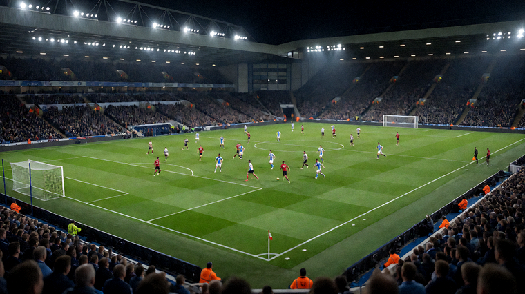 夜晚灯光球场内正在进行的足球比赛现场全景